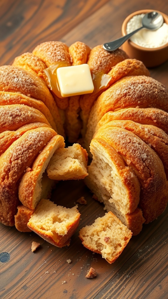 Quick Monkey Bread with Canned Biscuits Golden-brown monkey bread with pull-apart biscuit pieces coated in cinnamon sugar on a wooden table.